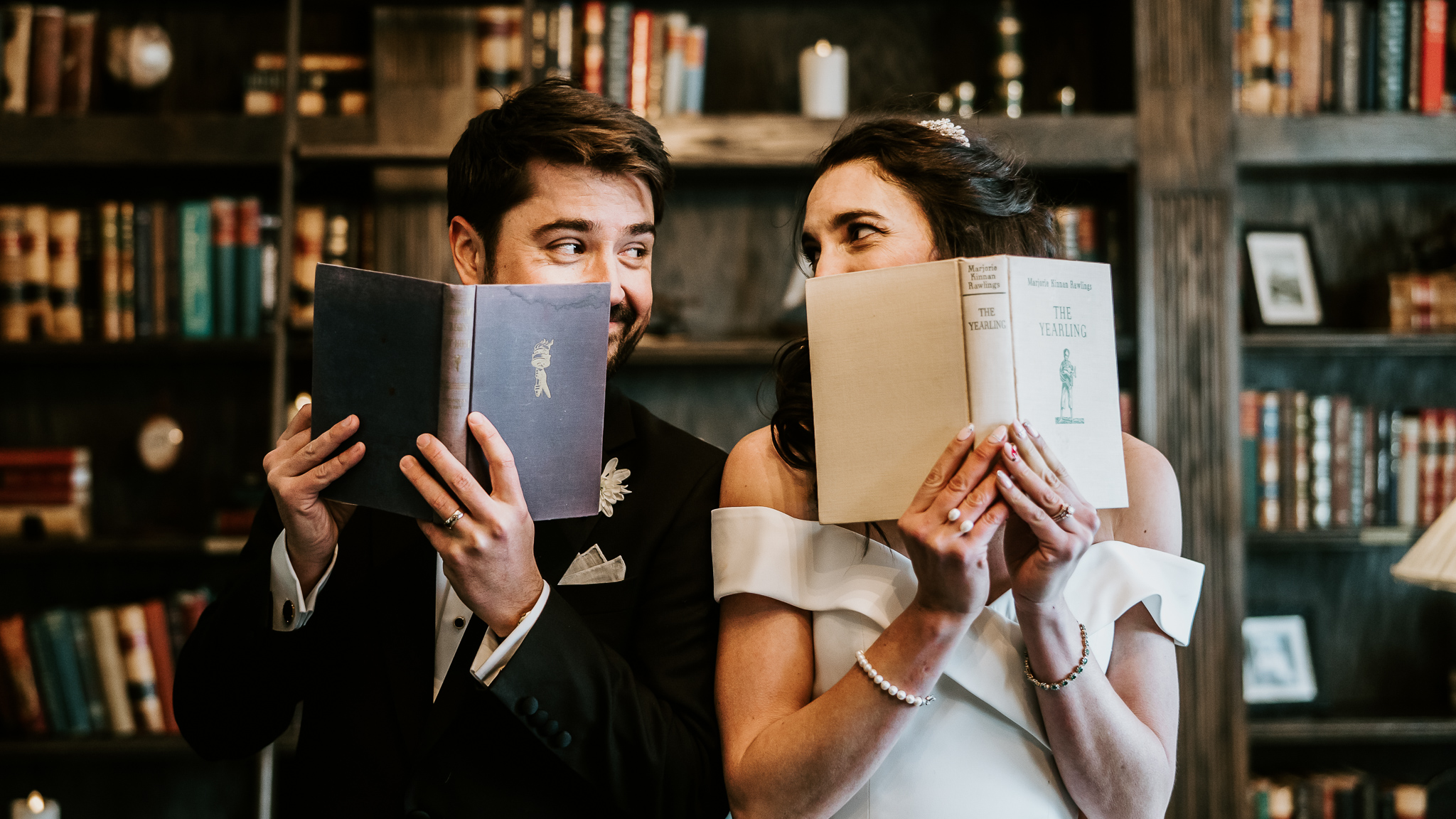 library themed winter wedding